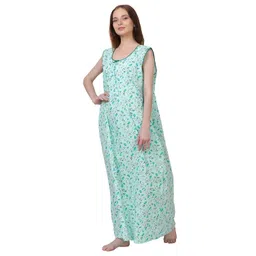 breezly Women's Cotton All Over Print Maxi Length Nighty (BZ18-Nighties-XL18_Light Green_Free Size) image 3