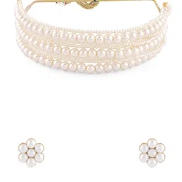 zaveri pearls White Pearls Multistrand Beaded Choker Necklace & Earring Set For Women-ZPFK16723 image 1