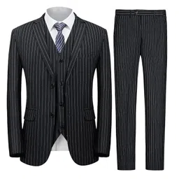 mage male Men’s Pinstripe 3 Piece Suit Slim Fit Elegant Single Breasted Business Party Blazer Vest& Pants Set image 1