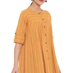 janasya Women's Mustard Cotton Woven Design Gathered Tunic image 3