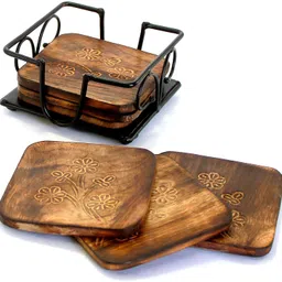 hira wood art Wooden Coaster Set of 6 with Carved Flower Design on Coaster with Wrought Iron Holder for Coffee Table/Kitchen/Dining Table image 3