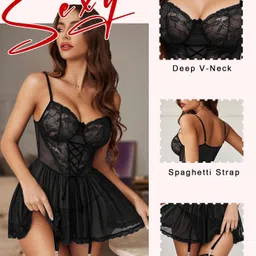 ssoshhub Lingerie for Women Beautiful Lace Babydoll Mesh Chemise Boudoir Nighty with Garter Belt and Panty image 3