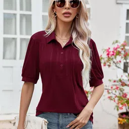 micoson Women's V Neck Polo Shirts Short Sleeve Button Down Collared Tops Loose Casual Tunic Blouses, Wine Red, Small image 4