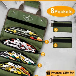 henny bags HennyBags® Tool Organizer Bag, Heavy-Duty Waxed Oxford Tool roll up bag, Tool bag roll, Tool roll bag, Tool roll organizer, Rust-Proof YKK Zippers & Secure Buckle. For Mechanic & Electricians. (Green) image 5