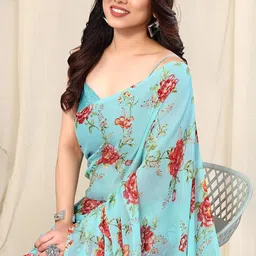 mirchi fashion Women's Chiffon Floral Printed Saree with Blouse Piece image 2