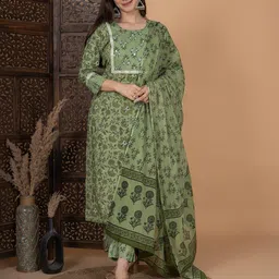 meera fab Women's Cotton Printed Straight Kurta with Palazzo & Dupatta Set with Yoke image 3