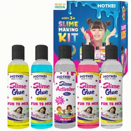 HOTKEI (Make 20+ slimes) Multicolor Scented DIY Magic Slimy Slime Activator Glue Gel Jelly Putty Making kit Set Toy for Boys Girls Kids Slime Making Kit 4 Colored Glue 1 Activator Bottle - 100 ml each image 1