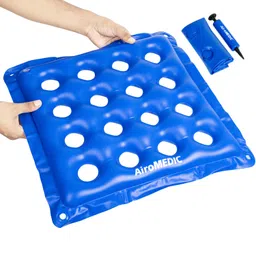 airomedic AiroWAFFLE Waffle Cushion for Pressure Sores Chair from, Inflatable Air Cushion for Pressure Relief with Pump - Blue (17.5x17.5 Inches) image 1