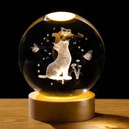 arikyrist 3D Crystal Cat Figurine With Wooden LED Light Base, 80Mm Crystal Ball Decor, Laser Engraved Glass Sphere Gifts for Cat Lovers image 1