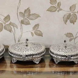 MISHITA COLLECTIONS German Silver Handengraved Heavy Peacock Boxes with Improved Carving & Finish for Dryfruits & Jewelry (Size - 6x5 Inch) image 3