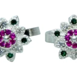 shree emporium 925 Sterling Silver Green Pink Stone Toe Rings Pair | Size Adjustable | Gift for Women and Girls image 1
