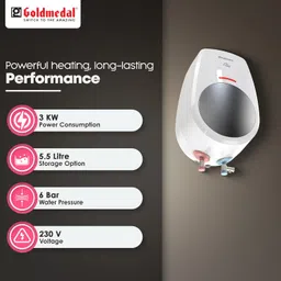 Goldmedal Insta24 5.5 Liters 3Kw Instant Geyser (Water Heater) With Faster Heating| Preset Thermal Cutout| Stainless Steel Tank Rust Proof| Dual Colour LED Indicator| 2 Years Warranty (White-Silver) image 4