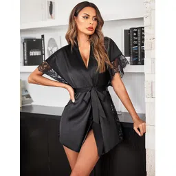 ssoshhub Lingerie for Women Satin Sleeping Robe Eyelash Lace Kimono Side Split Sexy Silk Robes image 3