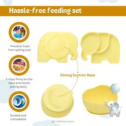 THE LITTLE LOOKERS Baby Feeding Set | Silicone Baby Feeding Set | Adjustable Bib, Suction Plate, Suction Bowl, Cup, Straw Lid, Spout Lid, Snack Lid, 2 Set of Spoon and Fork (Set of 9) (Yellow) image 4