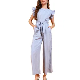 masalli fashion Women's Jumpsuit (Light Blue Stripe Printed Crepe Long Jumpsuit with Ruffled Sleeves & Waist Belt) image 1