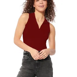 shasmi Women's & Girls' Solid Ribbed Polo Club Collar Sleeveless Slim Fit Simplicity Tank Tops (Pack of 2) (TOP 49 Skin Wine S) image 1