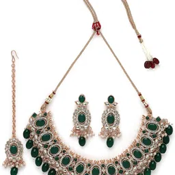 sukkhi Bright Gold Plated Green Ad Stones With Drop Beads Studded Choker Necklace Set For Women image 1
