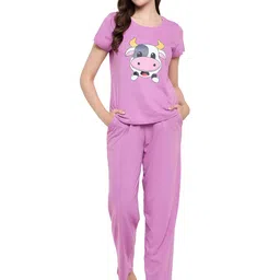 clovia Women's Cotton Printed Top & Basic Pajama Set image 1