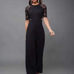 miss chase Women's Half Sleeve Solid Waist Cut-Out Regular Length Jumpsuit with Pockets image 2