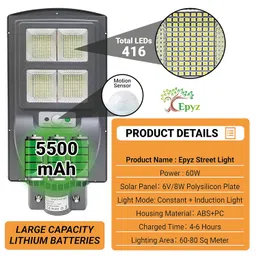 Epyz 60 Watt Solar Street Light Outdoor Waterproof with Motion Sensor and Dusk to Dawn for Garden, Street, Lawn, Patios and Pathways [ Pack of 1, Cold White Light, 416LED ] image 5