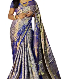 sgf11 Women's Kanjivaram Pure Soft Silk Handloom Saree Pure Golden Zari With Blouse Piece image 1
