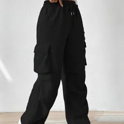 sakhwala Women's & Girl's Solid High Weist Relaxed Fit Cargo Pants/Trousers with 4 Side Pockets image 3