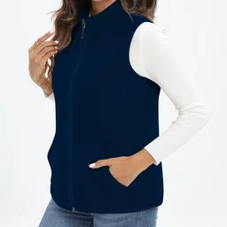 xeoxarel Women's Soft Polar Fleece Vest, Lightweight Sleeveless Jackets Classic Fit Outerwear Full-Zip Pockets Casual Clothes Blue image 3
