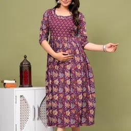 Women's Floral Printed Anarkali Maternity Cotton Feeding Kurti & Maxi Dress - 3/4 Sleeve, Casual Ethnic Wear image 2