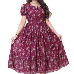 bhadani Women's Printed Georgette Regular Fit Round Neck Short Sleeve Fancy Flare Long Dress image 1