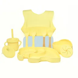 THE LITTLE LOOKERS Baby Feeding Set | Silicone Baby Feeding Set | Adjustable Bib, Suction Plate, Suction Bowl, Cup, Straw Lid, Spout Lid, Snack Lid, 2 Set of Spoon and Fork (Set of 9) (Yellow) image 1
