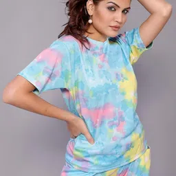 vj fashion VJFASHION Women's Cotton Lycra Tie-Dye Night Suit Set|Full Pair Of T-Shirt&Payjama Set For Women Night Dress image 4