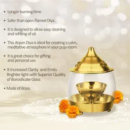 Treo by Milton Arpan Decorative Brass Diya for Puja with Curved Glass Cover Home Decoration Oil Akhand Diyas, Mandir Jyoti Wick Holder Stand, Traditional Gold Lid Lamps image 2