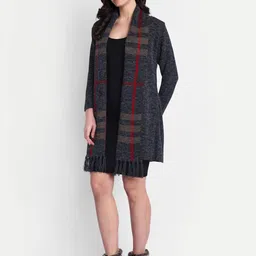 hautemoda Women's Long Knit Cardigan Shrug, Checkered Pattern,Tassel Fringe Hem image 2