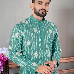 foxdx Men's Sequence Mirror Embroidered Cotton Silk Blend Only Slim Fit Kurta image 2