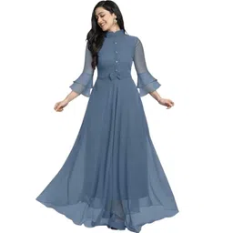 dream crushers Designer Georgette Solid Dress for Women with Flared Hem and Ruffled Sleeves image 1