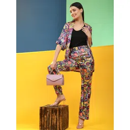 ulos Women's Floral African Print Button-Less Over-Shirt & Straight Fit Pant Soft Satin Co-Ords Set image 2