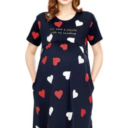zeyo Women's Cotton Night Dress Heart Printed Maternity & Feeding Short Nighty Night Gown 5810 image 1