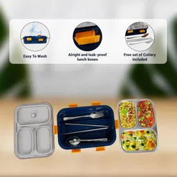 eErlik Lunch Box 3 Compartment Leak-Proof BPA Free Stainless Steel for School, Lunch Box for School & Office with a Fork, a Spoon and a Pair of Chopsticks (3 Compartment, Blue) image 2
