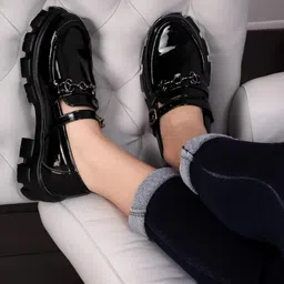 franino paris Smart Casual Golden Saddle Front Buckle Detailed Loafers for Women & Girls image 4