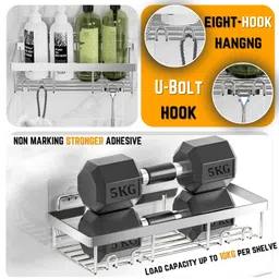 yumun 2 Pcs Self-Adhesive Bathroom Shelf for Wall/Shelf Organizer/Kitchen Shelf with Magic Stickers with Hooks/Towel Holder/Rack/Bathroom Accessories-Wall Mount (Chrome) image 5