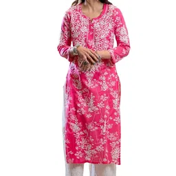 gosriki Women's Cotton Blend Chikankari Embroidered Straight Kurta Set image 1