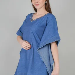 vg5 Denim Short Kaftan for Effortless Style | Blue Essence: Stylish Denim Kaftan Tunic | Easy Elegance | Everyday Wear | (in, Alpha, M, Regular, Classic Blue) image 2