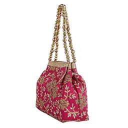 Kuber Industries Attractive Embroidery Polyester Hand Purse & Artificial Pearls Handle with 3 Magnetic Lock for Woman,Girls (Pink) image 3