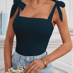 tivante Solid Square Neck Tie Up Shoulder Sleeveless Crop Top for Women image 4