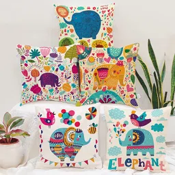 STITCHNEST Unique Cute Elephant Cartoon Blue Printed Canvas Cotton Cushion Covers, Set of 5 (24 X 24 Set of 5) image 1