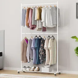 Lukzer Double Rod Cloth Stand & Garment Rack – Rolling Clothing Organizer with Wheels, White Design (MGS-006/183x110x40 cm) for Hanging Clothes image 1