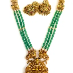 adyashree emporium Lakshmi Long Haram Design Ruby & Emerald, South Indian Wedding Latest Fashion Traditional Temple Jewellery set for Girls & Women. image 1