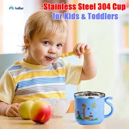 FunBlast Milk Mug for Kids – Cartoon Design BPA Free Mug with Lid for Kids, Stainless Steel 304 Cup/Mug for Kids & Toddlers, Double Wall Vacuum Insulated Cup – 270 ML (Blue) image 4