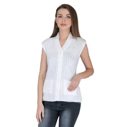 lady willington Women Woolen Sleeveless Self Design Cardigan - Rainbow Fabric Winter Wear Pure Wool 100% Rainbow Wool Free Size Cotty Fully Warm With Front Pockets (XXXXL, White) image 1