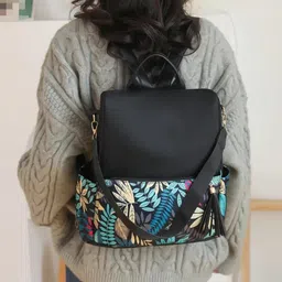 shopyvid Fashion Anti-theft Backpack, Floral Print Oxford Travel Bag, Large Capacity School Laptop Bag with Shoulder Strap, (Black) image 2